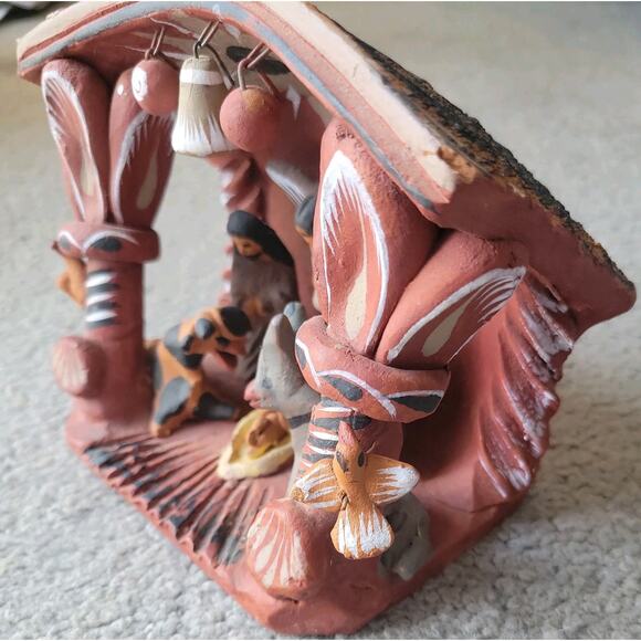 Vintage Mexican Red Clay Pottery Nativity Manger Animal Scene Hand Painted - Picture 4 of 8